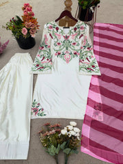 New Designer Collection In Natural Crep Silk Top-Bottom And Dupatta Set Fully Stitched Ready To Wear