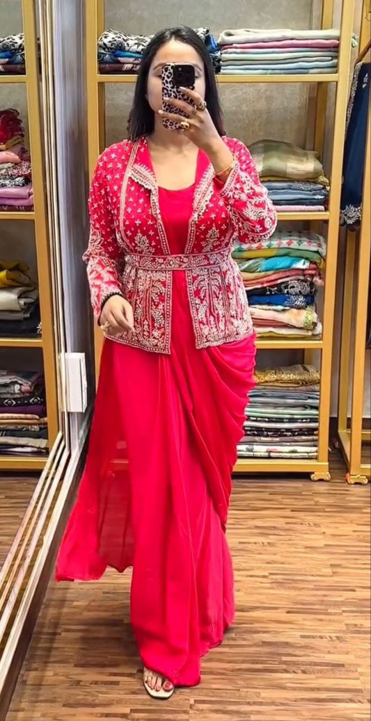 Super Trending Embroidery Sequence work saree with full koti