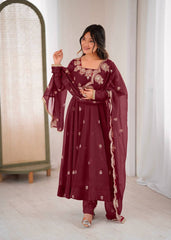 "Elegant Embroidered Sequence Designer Anarkali Three Piece Set"
