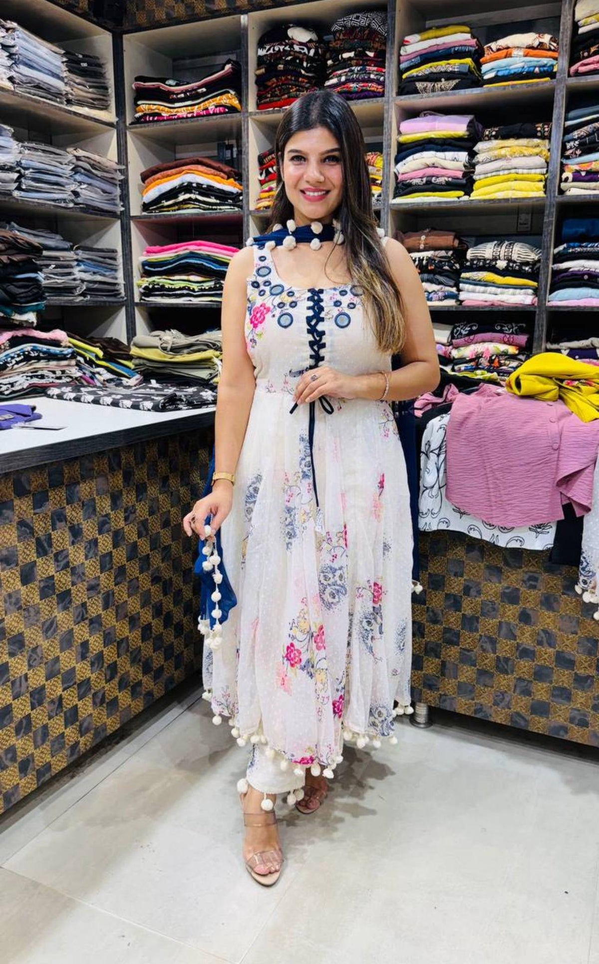 *Heavy 1000 Butti Georgette With Digital Print And Mirror Work With Pom Pom Lace Border With Fully Flair*