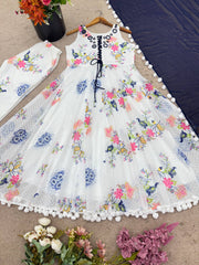 *Heavy 1000 Butti Georgette With Digital Print And Mirror Work With Pom Pom Lace Border With Fully Flair*