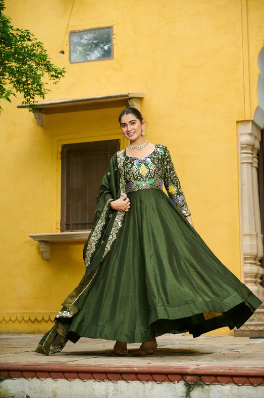 Vichitra Fabrics With Multi Thread & Zari Embroidered work Gown
