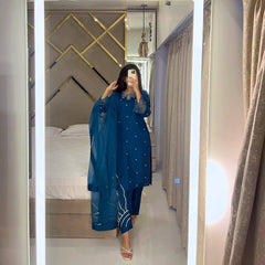 DESIGNER WEAR EXCLUSIVE 3 PIECE SUIT IN BEADS WORK ON KURTI,PLAIN PANT WITH ORGANZA DUPATTA