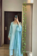 DESIGNER WEAR EXCLUSIVE 3 PIECE SUIT IN BEADS WORK ON KURTI,PLAIN PANT WITH ORGANZA DUPATTA