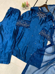 DESIGNER WEAR EXCLUSIVE 3 PIECE SUIT IN BEADS WORK ON KURTI,PLAIN PANT WITH ORGANZA DUPATTA