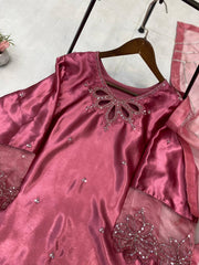 DESIGNER WEAR EXCLUSIVE 3 PIECE SUIT IN BEADS WORK ON KURTI,PLAIN PANT WITH ORGANZA DUPATTA