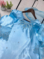 DESIGNER WEAR EXCLUSIVE 3 PIECE SUIT IN BEADS WORK ON KURTI,PLAIN PANT WITH ORGANZA DUPATTA