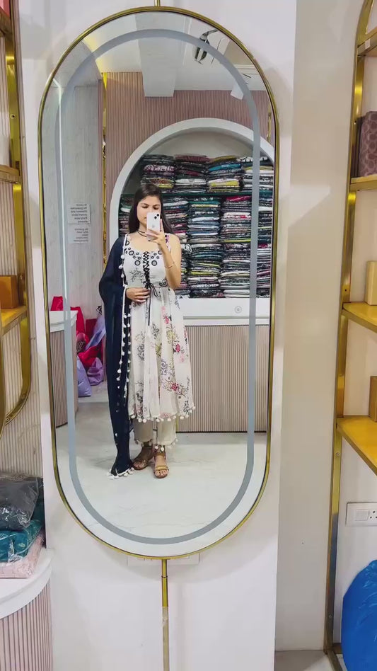 *Heavy 1000 Butti Georgette With Digital Print And Mirror Work With Pom Pom Lace Border With Fully Flair*